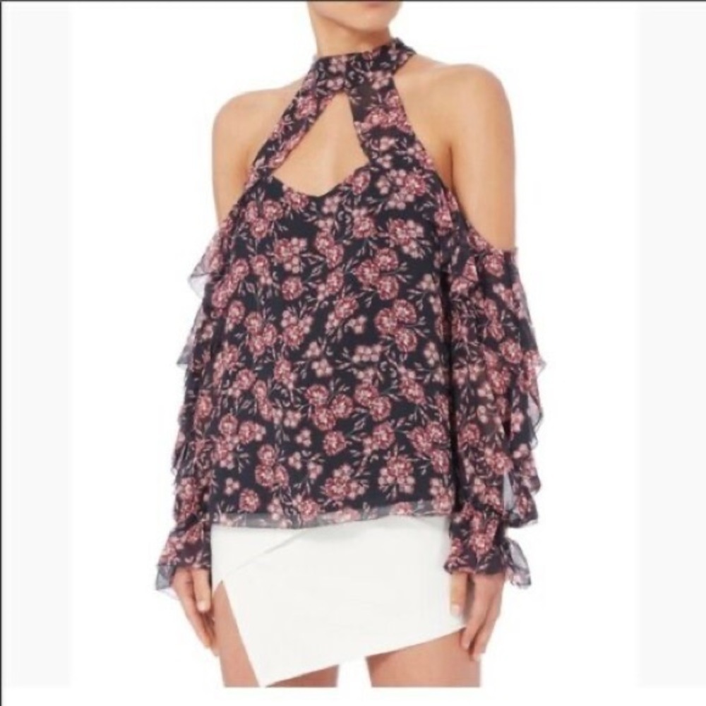 Intermix Floral Cold-Shoulder Halter Neck Top in Black and Pink
